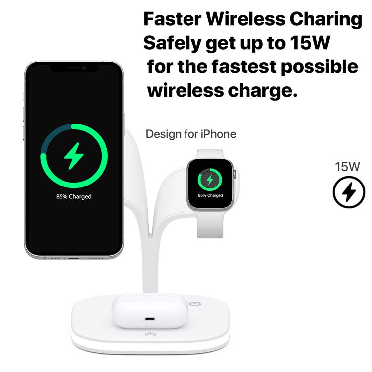 YM-UD22 5 in 1 Magnetic Wireless Charger Stand Portable Phone Charging Holder with Light for iPhone 12/13 Series AirPods2/Pro/iWatch - White