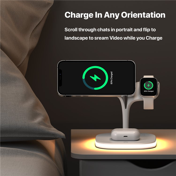 YM-UD22 5 in 1 Magnetic Wireless Charger Stand Portable Phone Charging Holder with Light for iPhone 12/13 Series AirPods2/Pro/iWatch - White