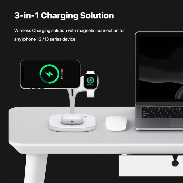 YM-UD22 5 in 1 Magnetic Wireless Charger Stand Portable Phone Charging Holder with Light for iPhone 12/13 Series AirPods2/Pro/iWatch - White