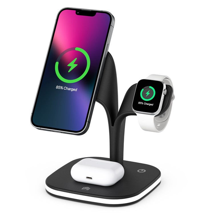 YM-UD22 5 in 1 Magnetic Wireless Charger Stand Portable Phone Charging Holder with Light for iPhone 12/13 Series AirPods2/Pro/iWatch - Black