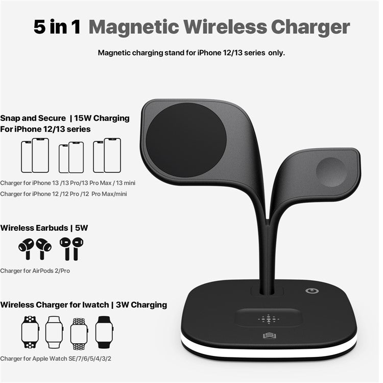 YM-UD22 5 in 1 Magnetic Wireless Charger Stand Portable Phone Charging Holder with Light for iPhone 12/13 Series AirPods2/Pro/iWatch - Black