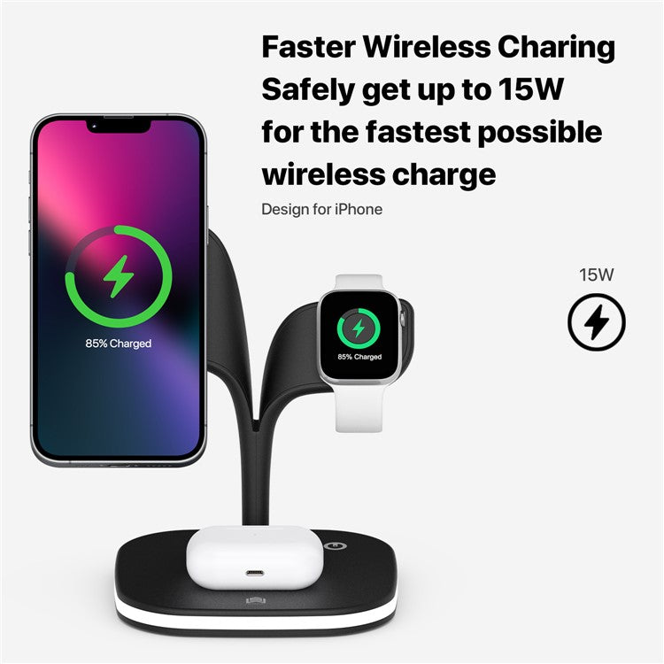 YM-UD22 5 in 1 Magnetic Wireless Charger Stand Portable Phone Charging Holder with Light for iPhone 12/13 Series AirPods2/Pro/iWatch - Black