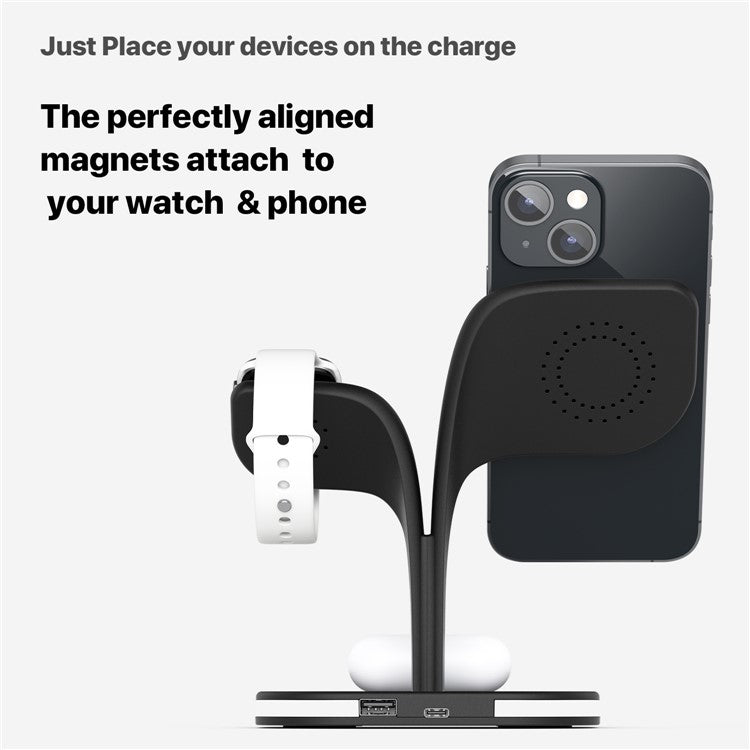 YM-UD22 5 in 1 Magnetic Wireless Charger Stand Portable Phone Charging Holder with Light for iPhone 12/13 Series AirPods2/Pro/iWatch - Black