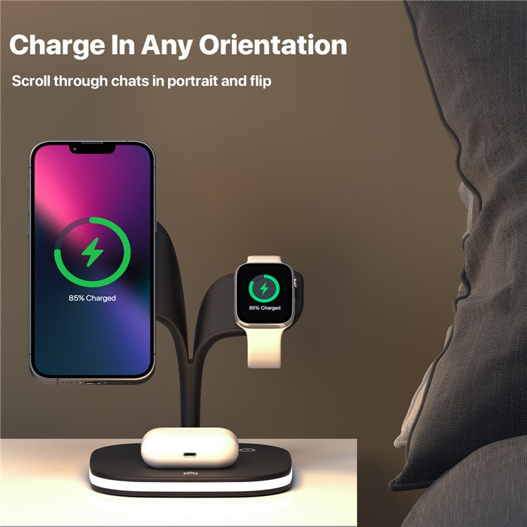 YM-UD22 5 in 1 Magnetic Wireless Charger Stand Portable Phone Charging Holder with Light for iPhone 12/13 Series AirPods2/Pro/iWatch - Black