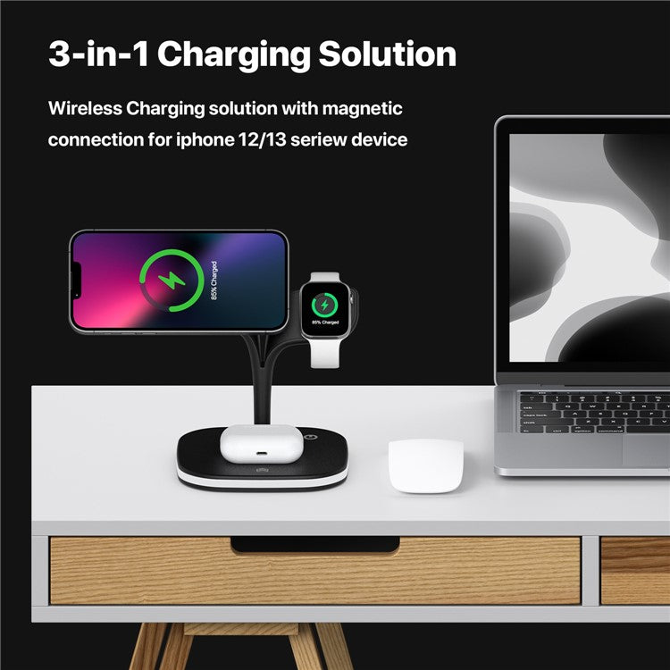 YM-UD22 5 in 1 Magnetic Wireless Charger Stand Portable Phone Charging Holder with Light for iPhone 12/13 Series AirPods2/Pro/iWatch - Black