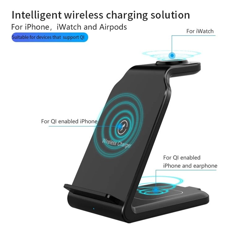 3 in 1 Wireless Charger Stand for iPhone iWatch AirPods 15W Fast Charging Station Dock - Black