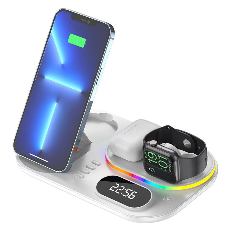 A06 4 in 1 Mobile Phone Fast Wireless Charger Multi-functional Charging Dock with Clock Display / RGB Light - White