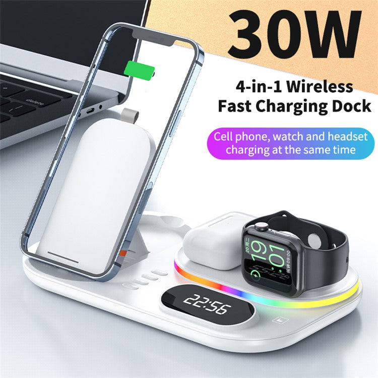 A06 4 in 1 Mobile Phone Fast Wireless Charger Multi-functional Charging Dock with Clock Display / RGB Light - White