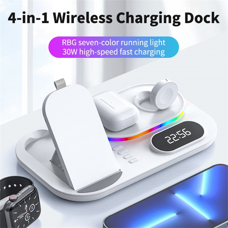 A06 4 in 1 Mobile Phone Fast Wireless Charger Multi-functional Charging Dock with Clock Display / RGB Light - White