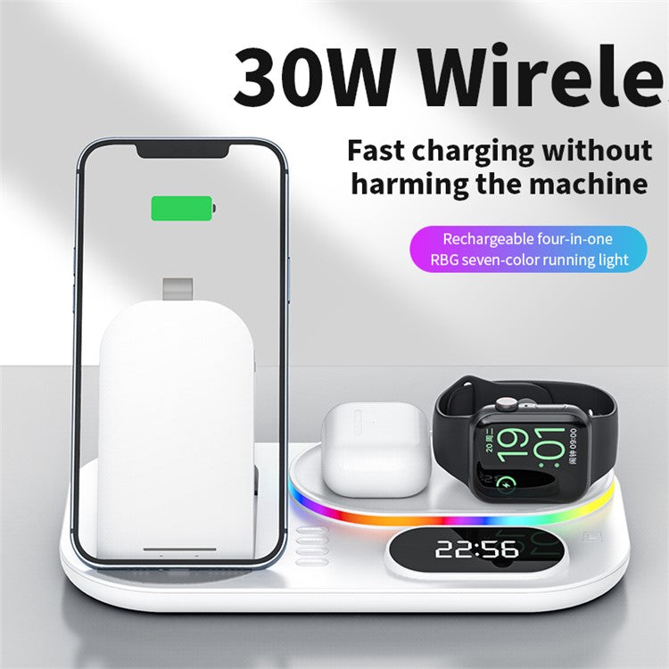 A06 4 in 1 Mobile Phone Fast Wireless Charger Multi-functional Charging Dock with Clock Display / RGB Light - White