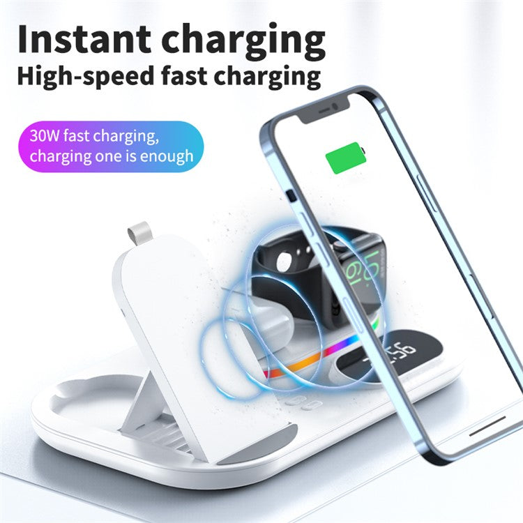 A06 4 in 1 Mobile Phone Fast Wireless Charger Multi-functional Charging Dock with Clock Display / RGB Light - White