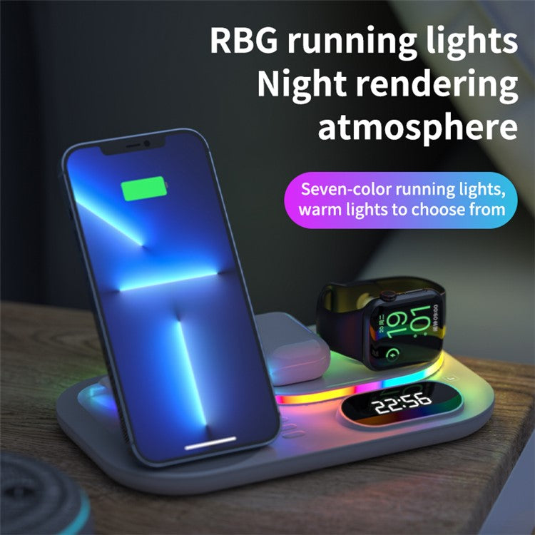 A06 4 in 1 Mobile Phone Fast Wireless Charger Multi-functional Charging Dock with Clock Display / RGB Light - White