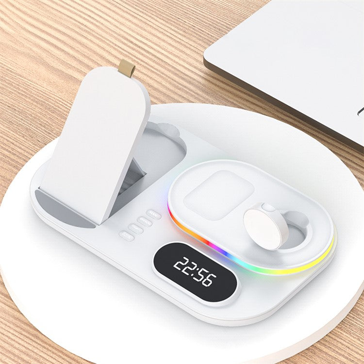 A06 4 in 1 Mobile Phone Fast Wireless Charger Multi-functional Charging Dock with Clock Display / RGB Light - White