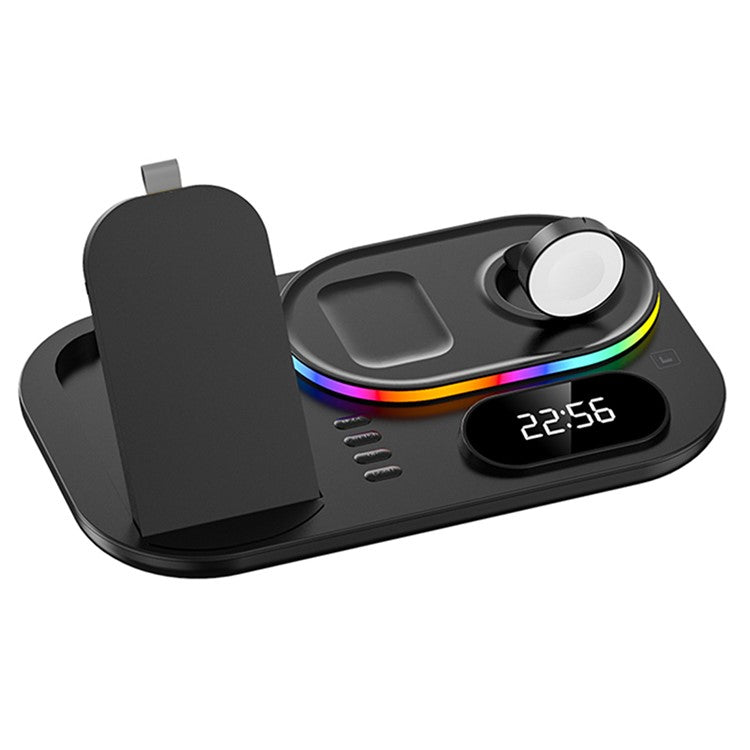 A06 4 in 1 Mobile Phone Fast Wireless Charger Multi-functional Charging Dock with Clock Display/RGB Light - Black