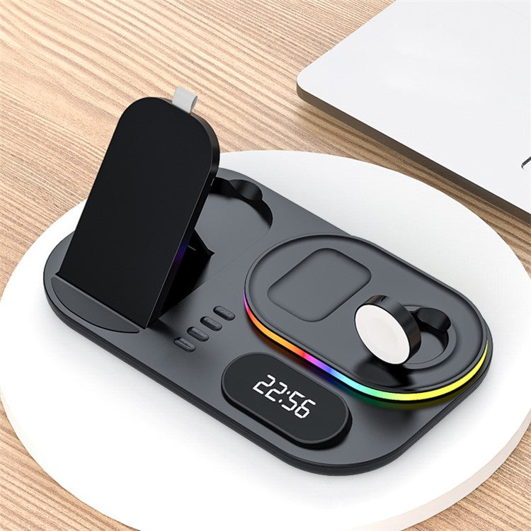 A06 4 in 1 Mobile Phone Fast Wireless Charger Multi-functional Charging Dock with Clock Display/RGB Light - Black