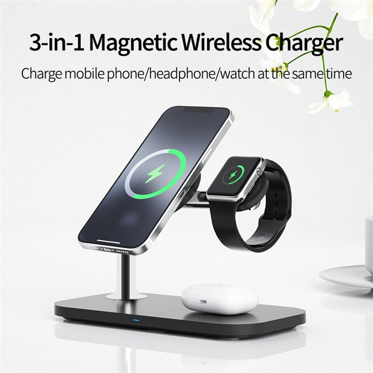 W85 Multi-function Charging Stand 3 in 1 Magnetic Wireless Charger for iPhone 12/13 Series iWatch AirPods - White