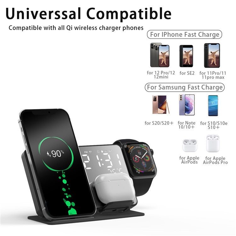 4-in-1 LED Digital Temperature Display Alarm Clock 15W Wireless Charger Qi Fast Charging Stand for iPhone Android iWatch AirPods