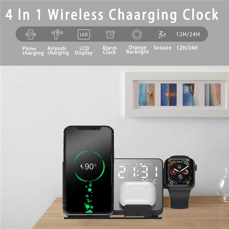 4-in-1 LED Digital Temperature Display Alarm Clock 15W Wireless Charger Qi Fast Charging Stand for iPhone Android iWatch AirPods