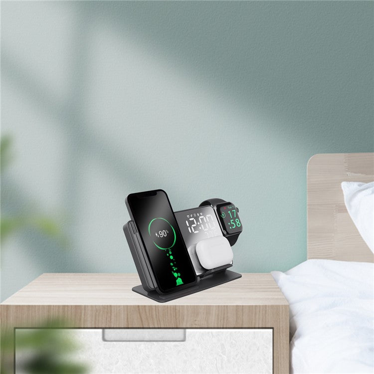 4-in-1 LED Digital Temperature Display Alarm Clock 15W Wireless Charger Qi Fast Charging Stand for iPhone Android iWatch AirPods