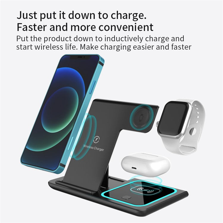 X455 Foldable 3-in-1 15W Wireless Charger Desktop Qi Fast Charging Stand Dock for iPhone Android iWatch AirPods - Black