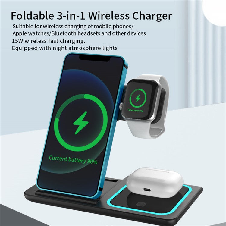 X455 Foldable 3-in-1 15W Wireless Charger Desktop Qi Fast Charging Stand Dock for iPhone Android iWatch AirPods - Black