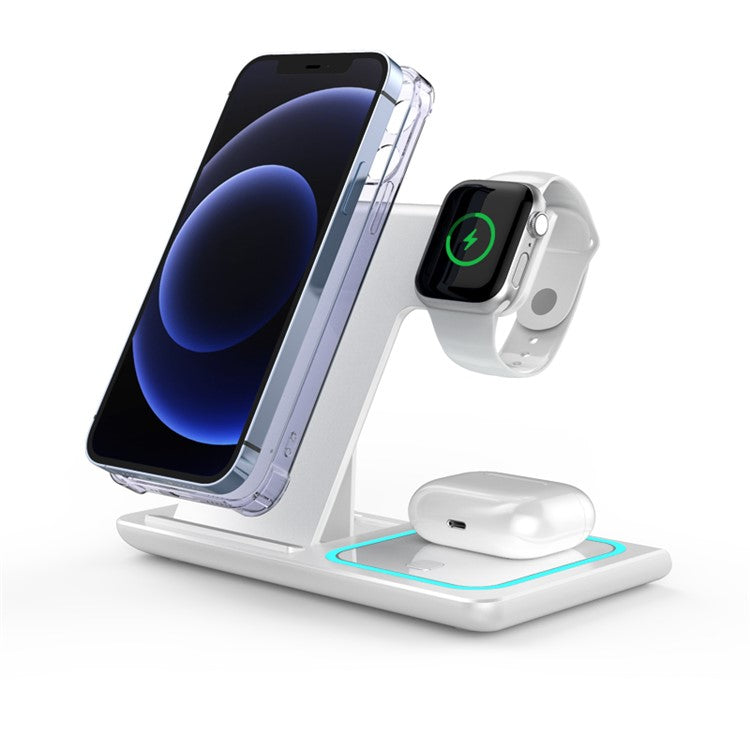 X455 Foldable 3-in-1 15W Wireless Charger Desktop Qi Fast Charging Stand Dock for iPhone Android iWatch AirPods - White