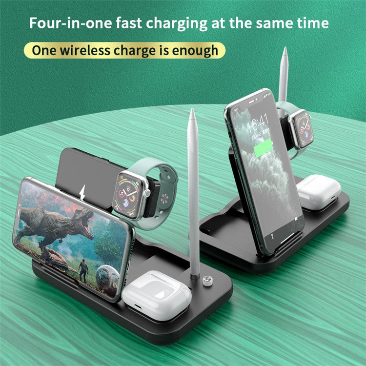 0W-01 4-in-1 Wireless Charger Desktop Wireless Charging Stand Dock for iWatch AirPods Apple Pencil Smartphones - Black