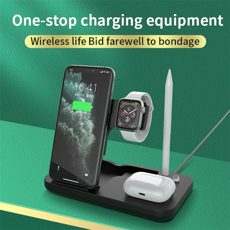 0W-01 4-in-1 Wireless Charger Desktop Wireless Charging Stand Dock for iWatch AirPods Apple Pencil Smartphones - Black