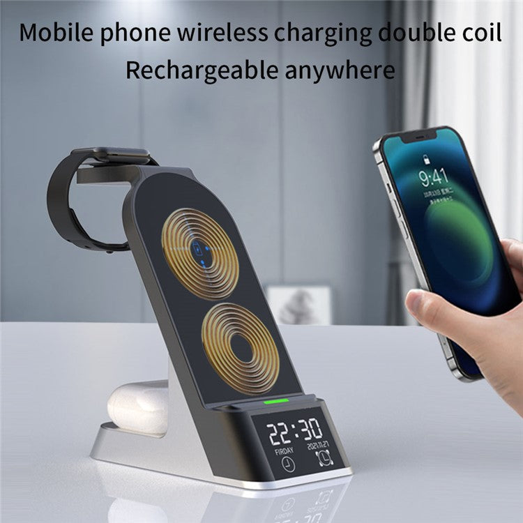 HYD-H36 6-in-1 Multiple Functions Wireless Charging Mobile Phone 15W Double Coils Alarm Function Wireless Charging Stand