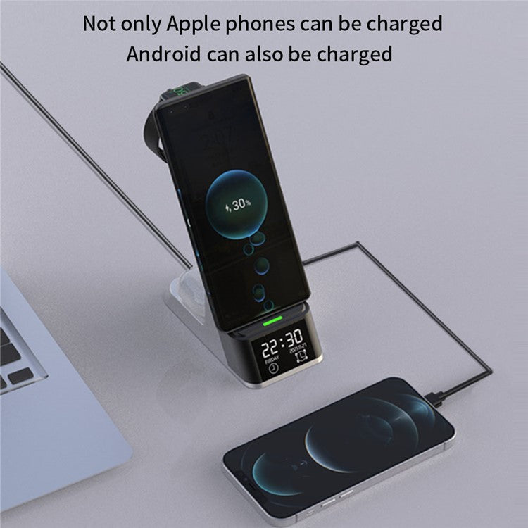 HYD-H36 6-in-1 Multiple Functions Wireless Charging Mobile Phone 15W Double Coils Alarm Function Wireless Charging Stand