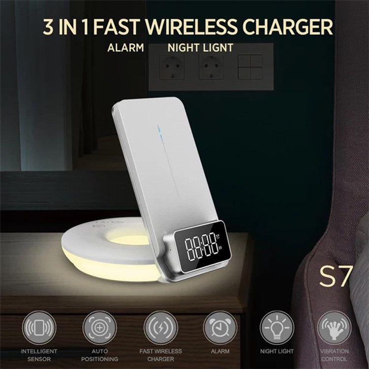 S7 3 in 1 LED Display Alarm Clock Automatic Wireless Charging 15W Fast Charger Touch Dimmable Night Light