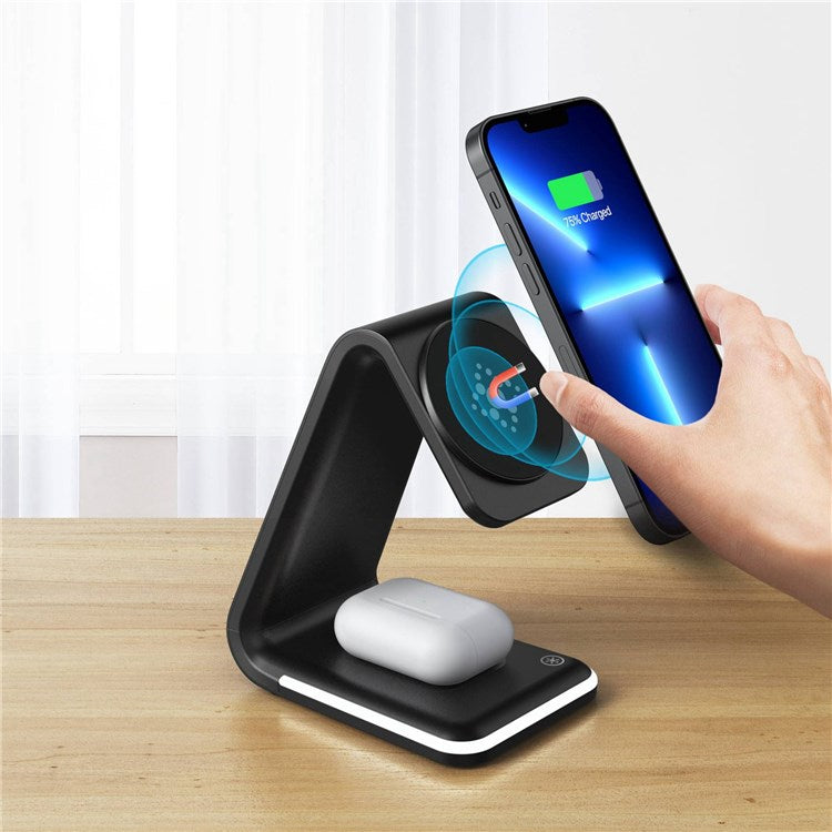 B17 15W Qi 3-in-1 Mini Magnetic Fast Charging Wireless Charging Station for iPhone 12/13 Series / Apple Watch Series 6/5 / AirPods Pro - Black