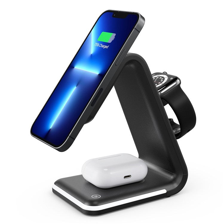 B-17 3-in-1 15W FOD Intelligent Identify Wireless Charger with Smart Security Protection Wireless Charging Desktop Stand for Smartphone/Smart Watch/Earphones - Black