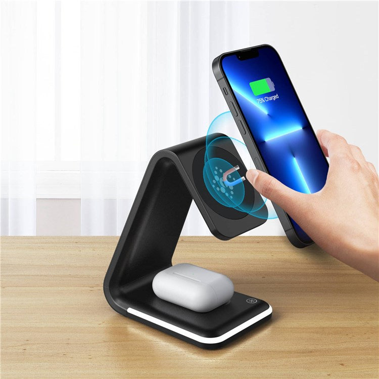 B-17 3-in-1 15W FOD Intelligent Identify Wireless Charger with Smart Security Protection Wireless Charging Desktop Stand for Smartphone/Smart Watch/Earphones - Black