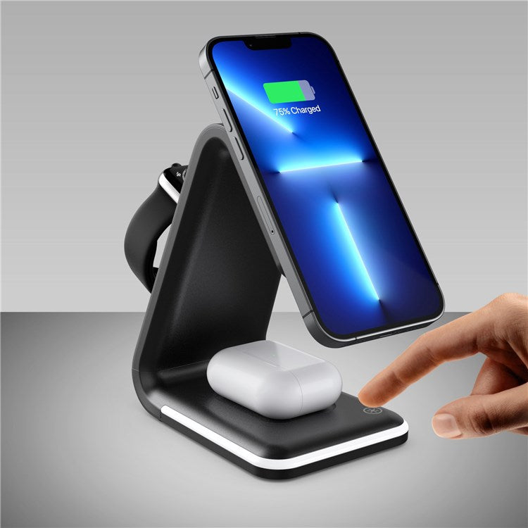 B-17 3-in-1 15W FOD Intelligent Identify Wireless Charger with Smart Security Protection Wireless Charging Desktop Stand for Smartphone/Smart Watch/Earphones - Black