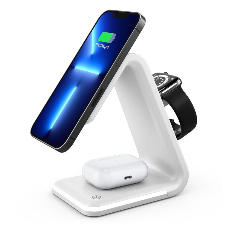 B-17 3-in-1 15W FOD Intelligent Identify Wireless Charger with Smart Security Protection Wireless Charging Desktop Stand for Smartphone/Smart Watch/Earphones - White