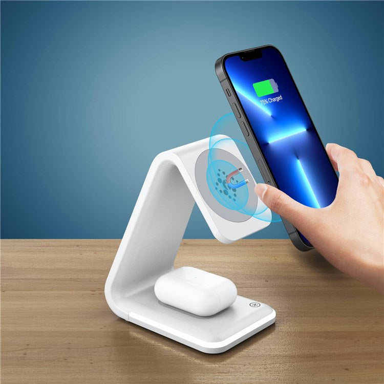 B-17 3-in-1 15W FOD Intelligent Identify Wireless Charger with Smart Security Protection Wireless Charging Desktop Stand for Smartphone/Smart Watch/Earphones - White