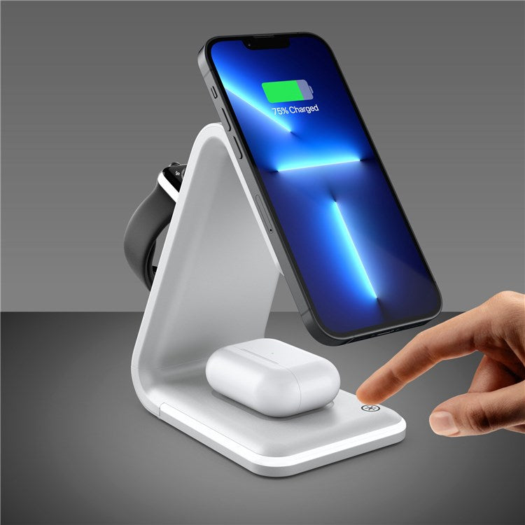 B-17 3-in-1 15W FOD Intelligent Identify Wireless Charger with Smart Security Protection Wireless Charging Desktop Stand for Smartphone/Smart Watch/Earphones - White