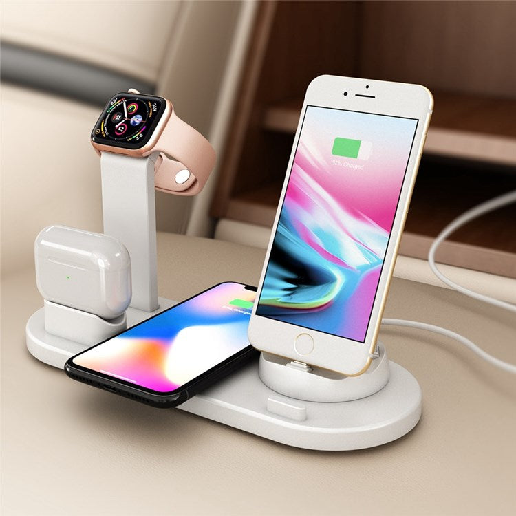 B-07A 6-in-1 Wireless Charger 10W Wireless Phone Charger Stand with Cable Wireless Charging Station for Qi-Enabled Smartphone/Smart Watch/Earphones - White