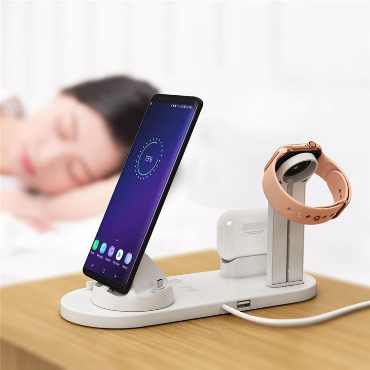 B-07A 6-in-1 Wireless Charger 10W Wireless Phone Charger Stand with Cable Wireless Charging Station for Qi-Enabled Smartphone/Smart Watch/Earphones - White