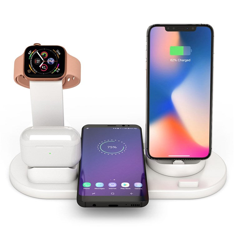 B-07A 6-in-1 Wireless Charger 10W Wireless Phone Charger Stand with Cable Wireless Charging Station for Qi-Enabled Smartphone/Smart Watch/Earphones - White