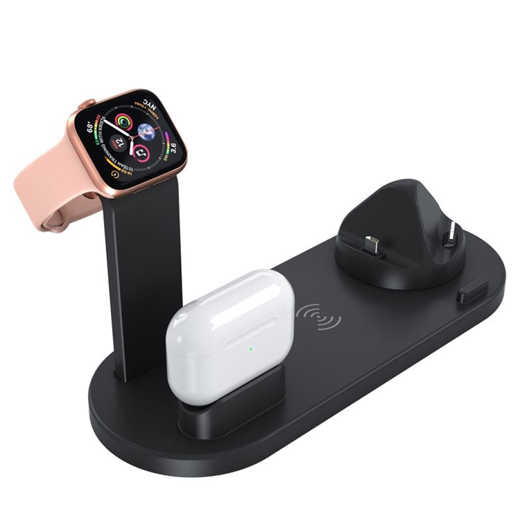 B-07A 6-in-1 Wireless Charger 10W Wireless Phone Charger Stand with Cable Wireless Charging Station for Qi-Enabled Smartphone/Smart Watch/Earphones - Black