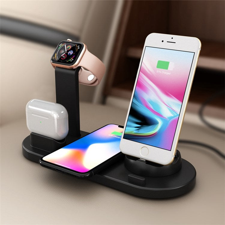 B-07A 6-in-1 Wireless Charger 10W Wireless Phone Charger Stand with Cable Wireless Charging Station for Qi-Enabled Smartphone/Smart Watch/Earphones - Black