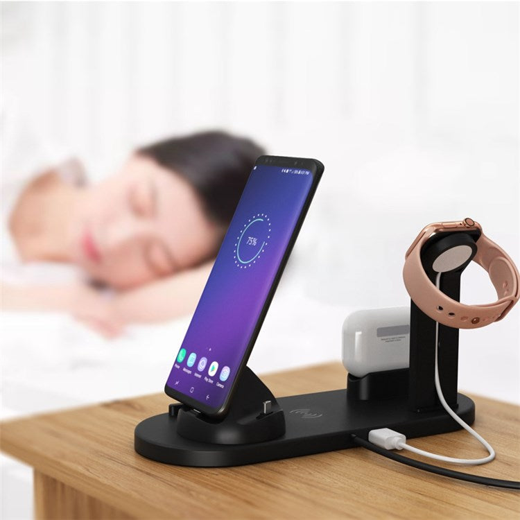 B-07A 6-in-1 Wireless Charger 10W Wireless Phone Charger Stand with Cable Wireless Charging Station for Qi-Enabled Smartphone/Smart Watch/Earphones - Black