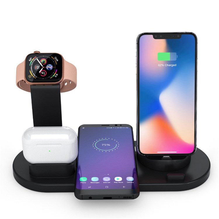 B-07A 6-in-1 Wireless Charger 10W Wireless Phone Charger Stand with Cable Wireless Charging Station for Qi-Enabled Smartphone/Smart Watch/Earphones - Black