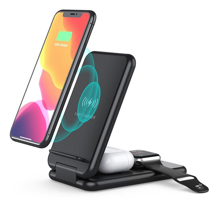 B-13 Foldable 3-in-1 Wireless Charger 15W Max Qi-Certified Wireless Phone Charger Stand Wireless Charging Station for Qi-Enabled Smartphone/Smart Watch/Earphones - Black