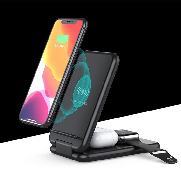 B-13 Foldable 3-in-1 Wireless Charger 15W Max Qi-Certified Wireless Phone Charger Stand Wireless Charging Station for Qi-Enabled Smartphone/Smart Watch/Earphones - Black