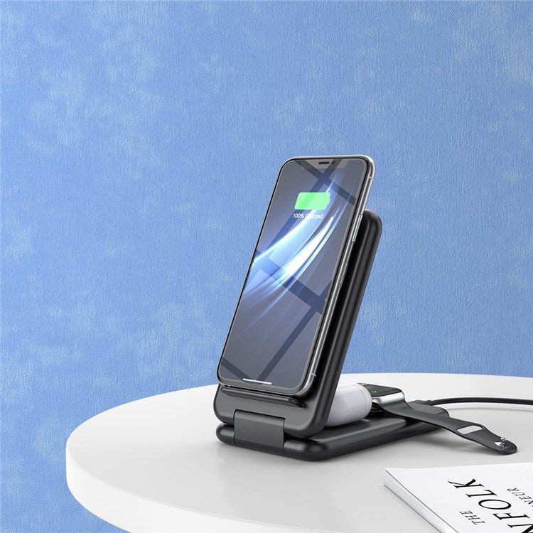 B-13 Foldable 3-in-1 Wireless Charger 15W Max Qi-Certified Wireless Phone Charger Stand Wireless Charging Station for Qi-Enabled Smartphone/Smart Watch/Earphones - Black