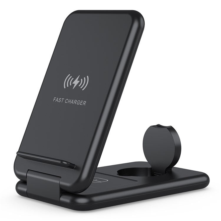 B-13 Foldable 3-in-1 Wireless Charger 15W Max Qi-Certified Wireless Phone Charger Stand Wireless Charging Station for Qi-Enabled Smartphone/Smart Watch/Earphones - Black