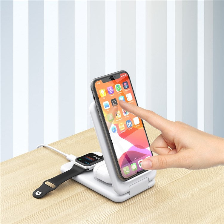 B-13 Foldable 3-in-1 Wireless Charger 15W Max Qi-Certified Wireless Phone Charger Stand Wireless Charging Station for Qi-Enabled Smartphone/Smart Watch/Earphones - White